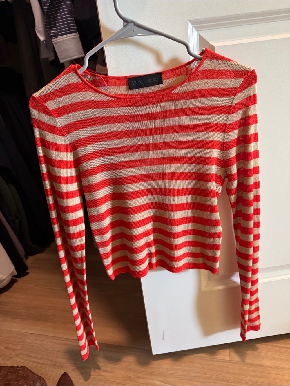 Zara Red and Cream Striped Long-Sleeve Knit Top